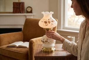 Antique Vintage GWTW hand painted milk glass hurricane parlor lamp brass base